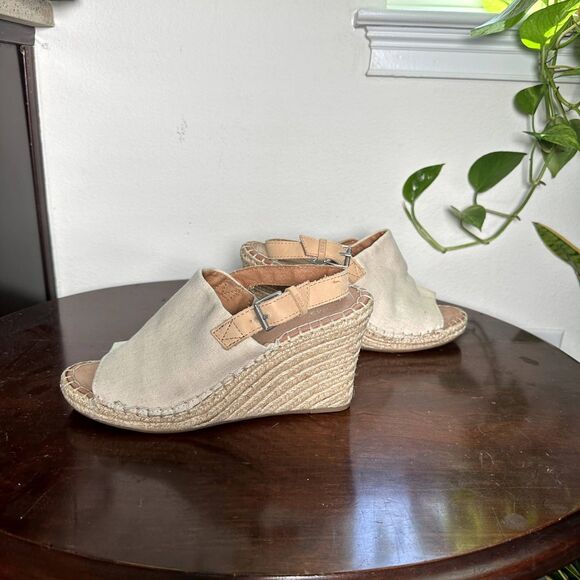 TOMS Women's Wedge Sandals 8.5 Natural Canvas Espadrille Peep Toe Heels Beige - Picture 6 of 11